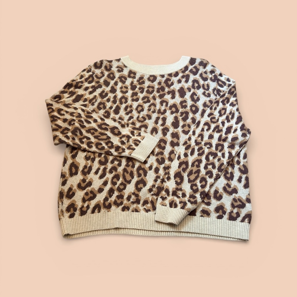 A New Day Leopard Print Knit Sweater Size L Neutral Cozy Soft Crewneck Pullover - Picture 2 of 8